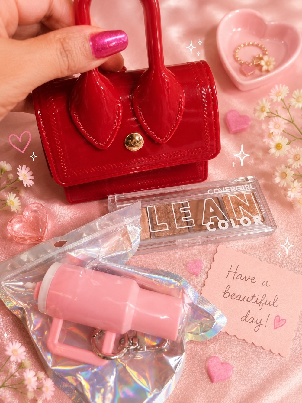 Mini Patent Leather Red Top-Handle Bag Charm Thermos Key Chain And Eyeshadow